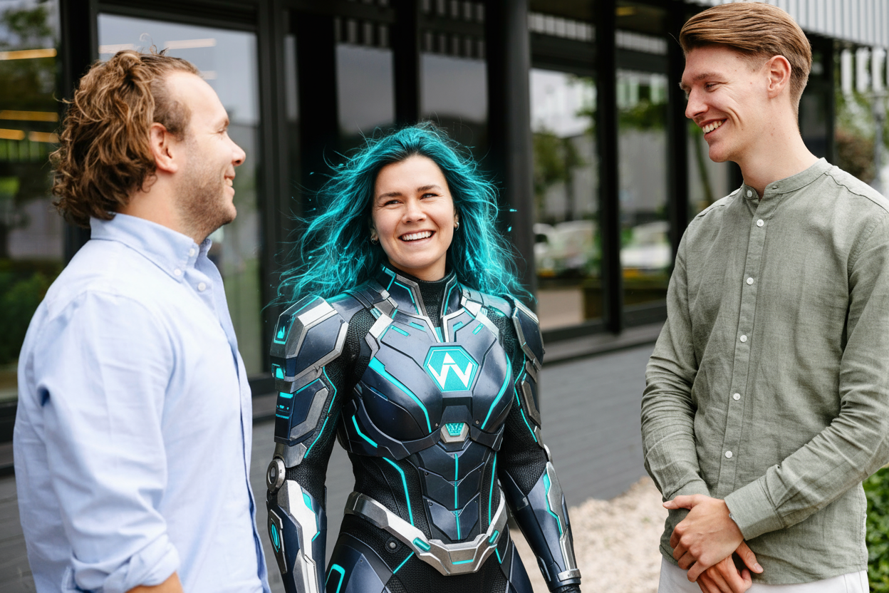 Visuele AI-superheld als extra collega naast het marketingteam van Moddit, symbool voor hoe AI ons werk slimmer en effectiever maakt