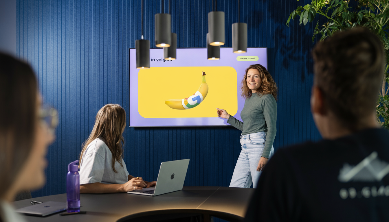 AI superwoman naast collega’s in een realistische kantoorsettting, symbool voor hoe Moddit AI als extra collega inzet.