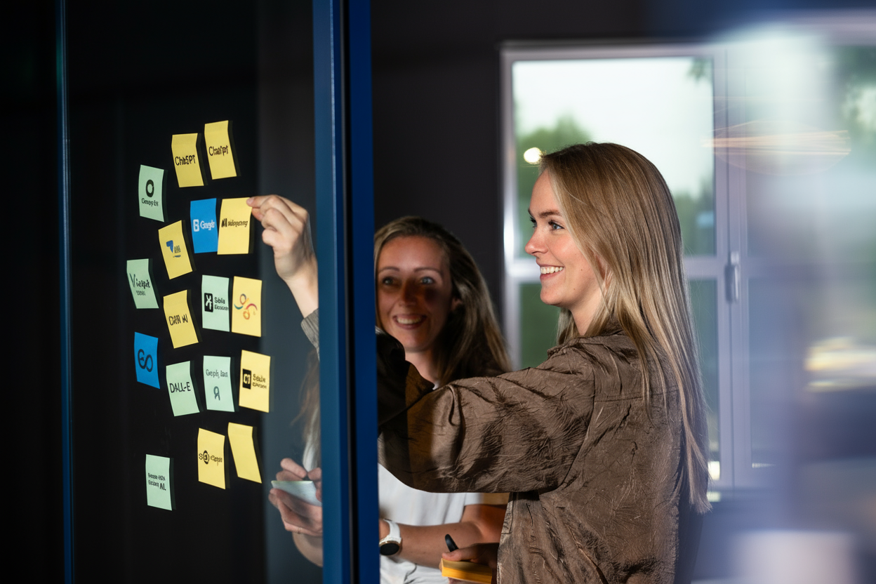 Twee collega’s brainstormen met AI-tools op post-its tijdens een creatieve sessie bij Moddit.