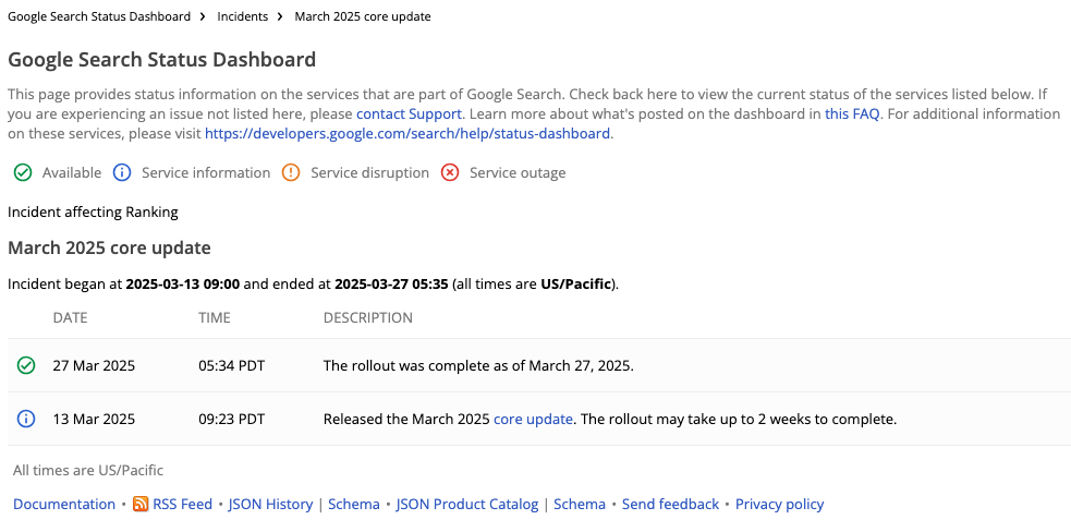 Screenshot van het Google Search Status Dashboard met de March 2025 core update