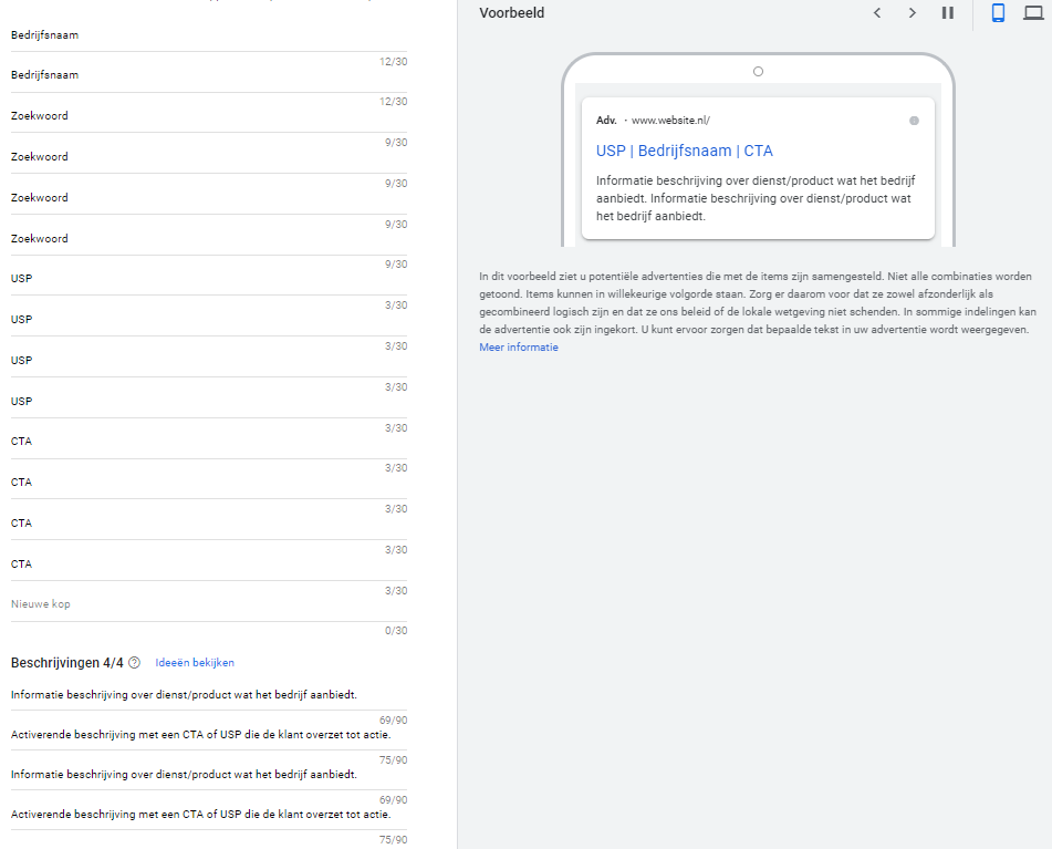 Screenshot van een geautomatiseerde instelling in Google Ads