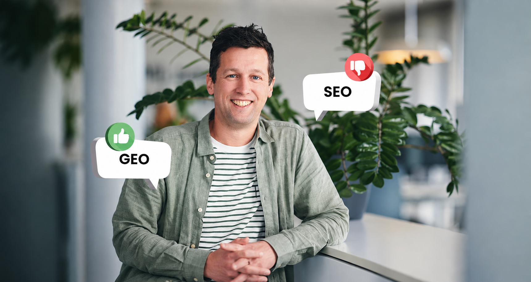 Collega van Moddit met twee tekstballonnen, GEO met duim omhoog en SEO met duim omlaag
