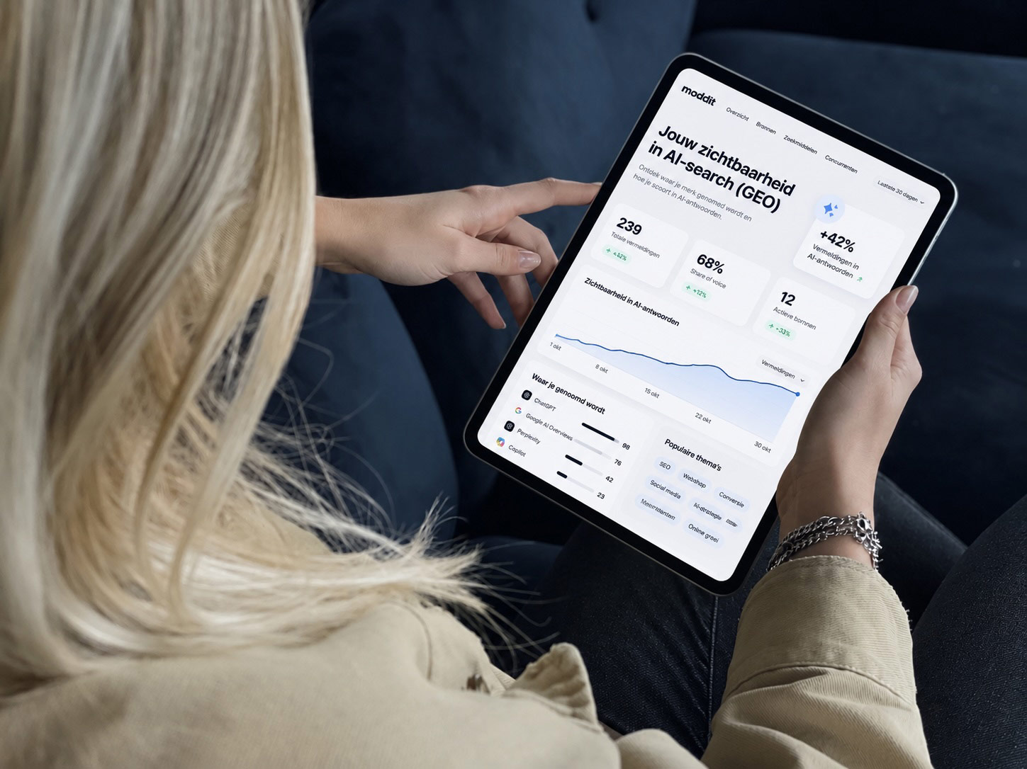 Tablet met het Moddit-dashboard voor zichtbaarheid in AI-search, met vermeldingen en share of voice
