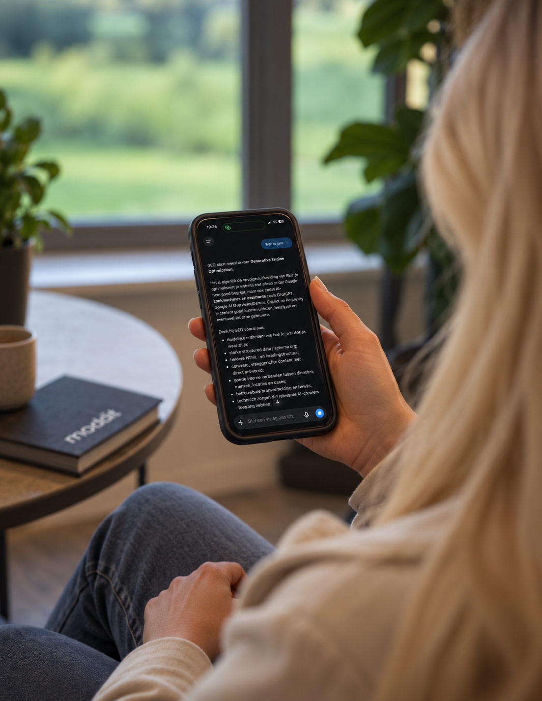 Telefoon met een AI-assistent die uitlegt wat Generative Engine Optimization is